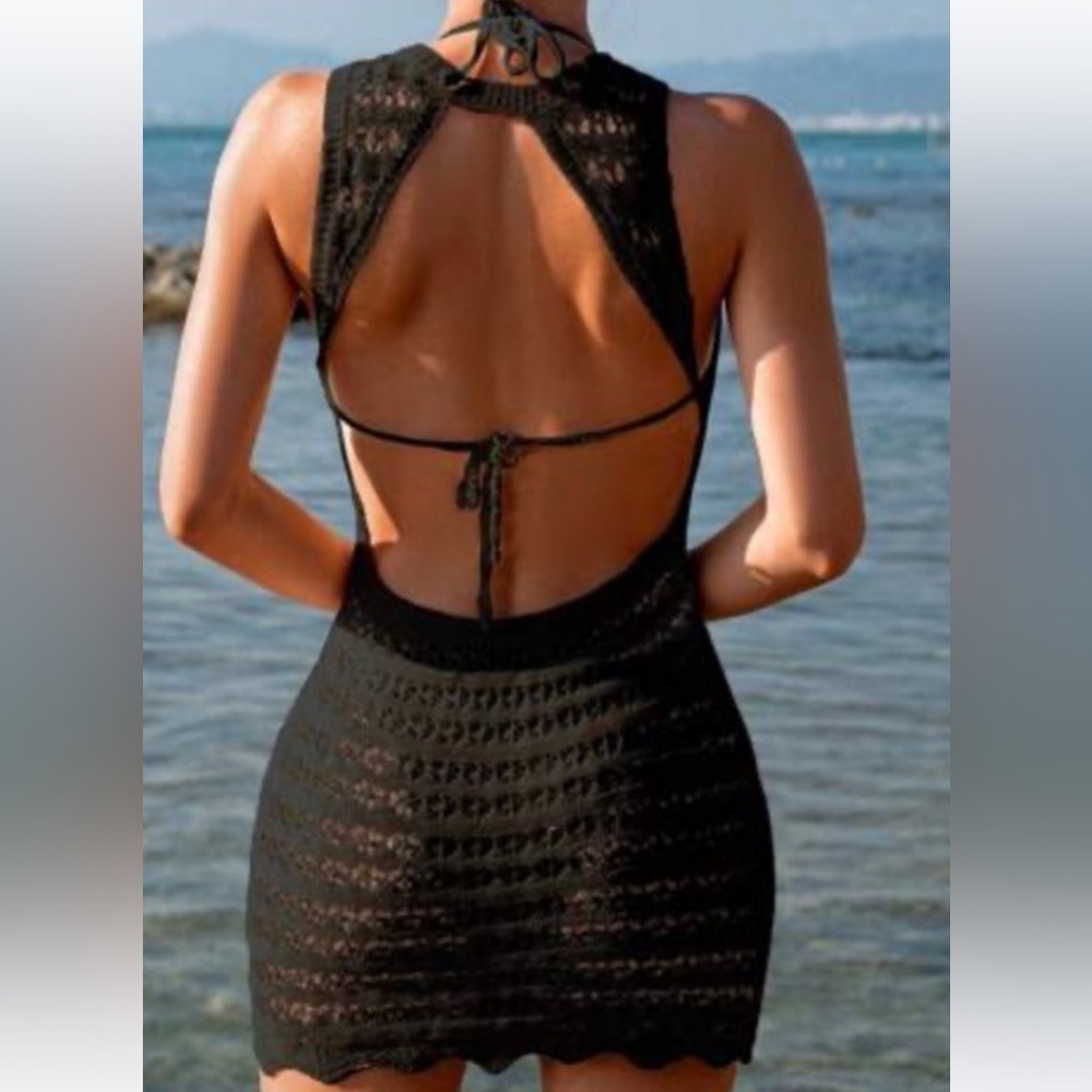 New black backless knit  beach cover up - Picture 2 of 4